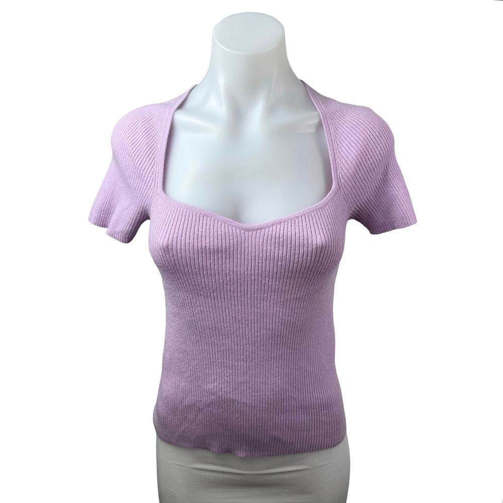 Halogen Women's Purple Lilac Sweetheart Ribbed Knit Short Sleeve Sweater Top S